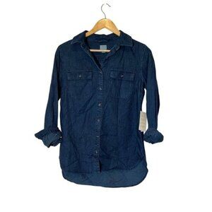 NWT A New Day . Blue Dark Night Denim Button-Up Long Sleeve Women's Shirt Size S